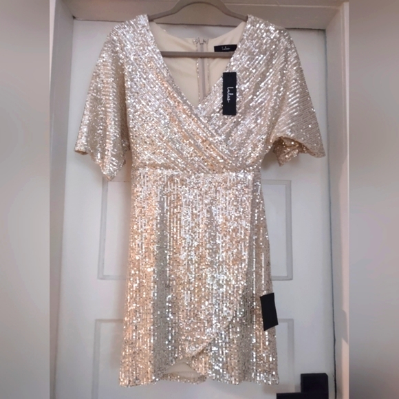 Lulus Dresses & Skirts - Lulu's Gold Sequin Wrap Dress